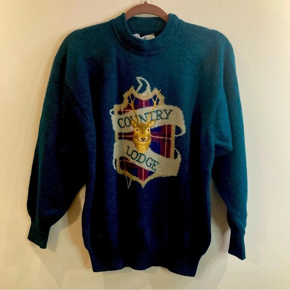 PRINGLE OF SCOTLAND  SZ L Country Lodge Embroidery 100% Wool Crew Neck Sweater